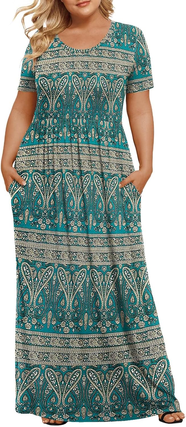 LONGYUAN Women's Plus Size Maxi Dresses Summer Short Sleeve Casual Long Dress 2026 XL-6XL