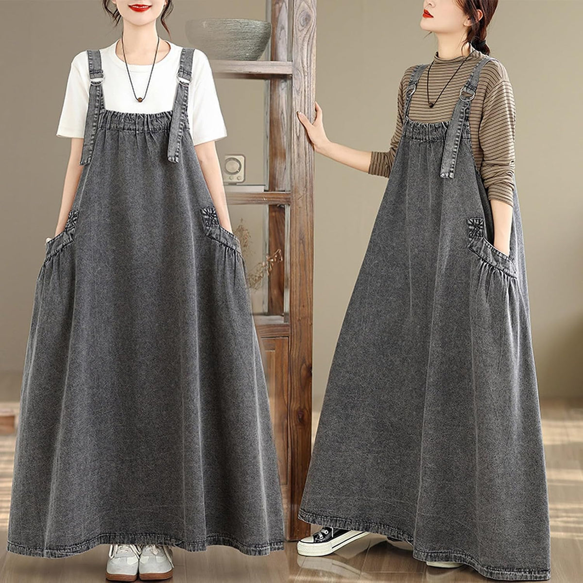 Women's Casual Loose Denim Dress Sleeveless Adjustable Straps Denim Jumper Dress with Pockets