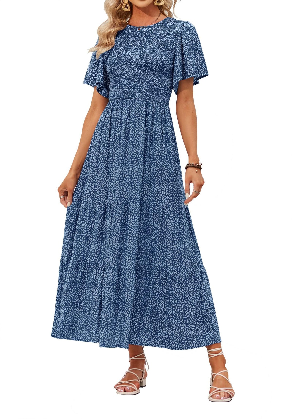 ZESICA Women's Summer Boho Floral Smocked Short Sleeve Maxi Dress