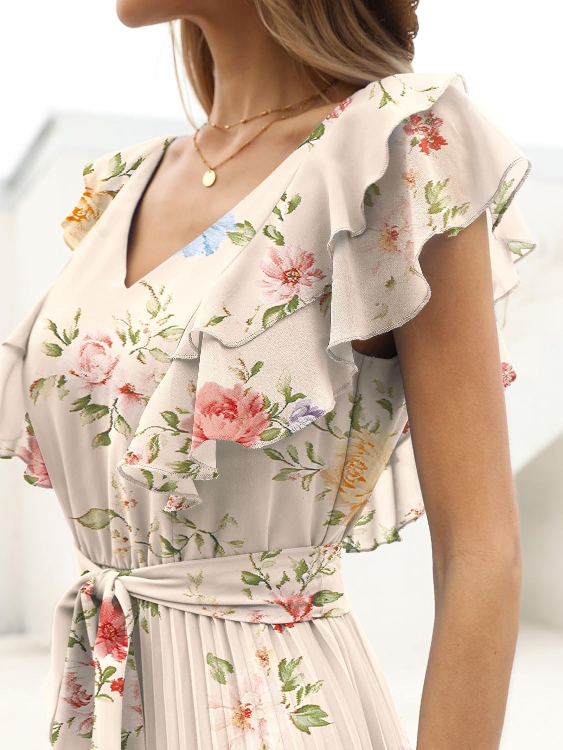 ANRABESS Women V Neck Ruffle Sleeve Floral Pleated Maxi Dresses Summer Boho Belt Empire Waist Wedding Guest Party Flowy Dress