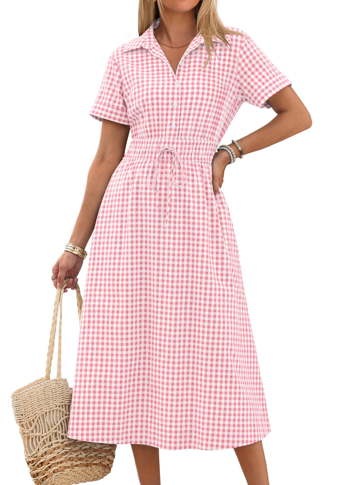 ANRABESS Women Summer Short Sleeve Midi Dress, Striped & Gingham, Casual A-Line Button Collar Shirt Dress, Beach & Vacation