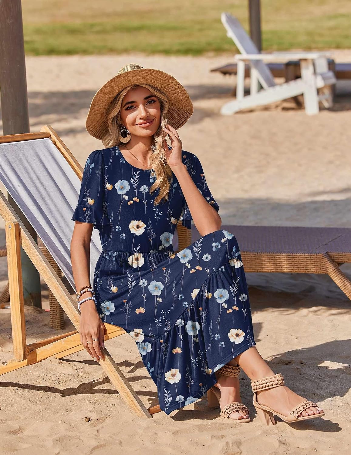 Zeagoo Womens Summer Dresses 2026 Casual Midi Dress Flowy Sundress Ruffle Short Sleeve Tiered Dresses A Line Boho Dress