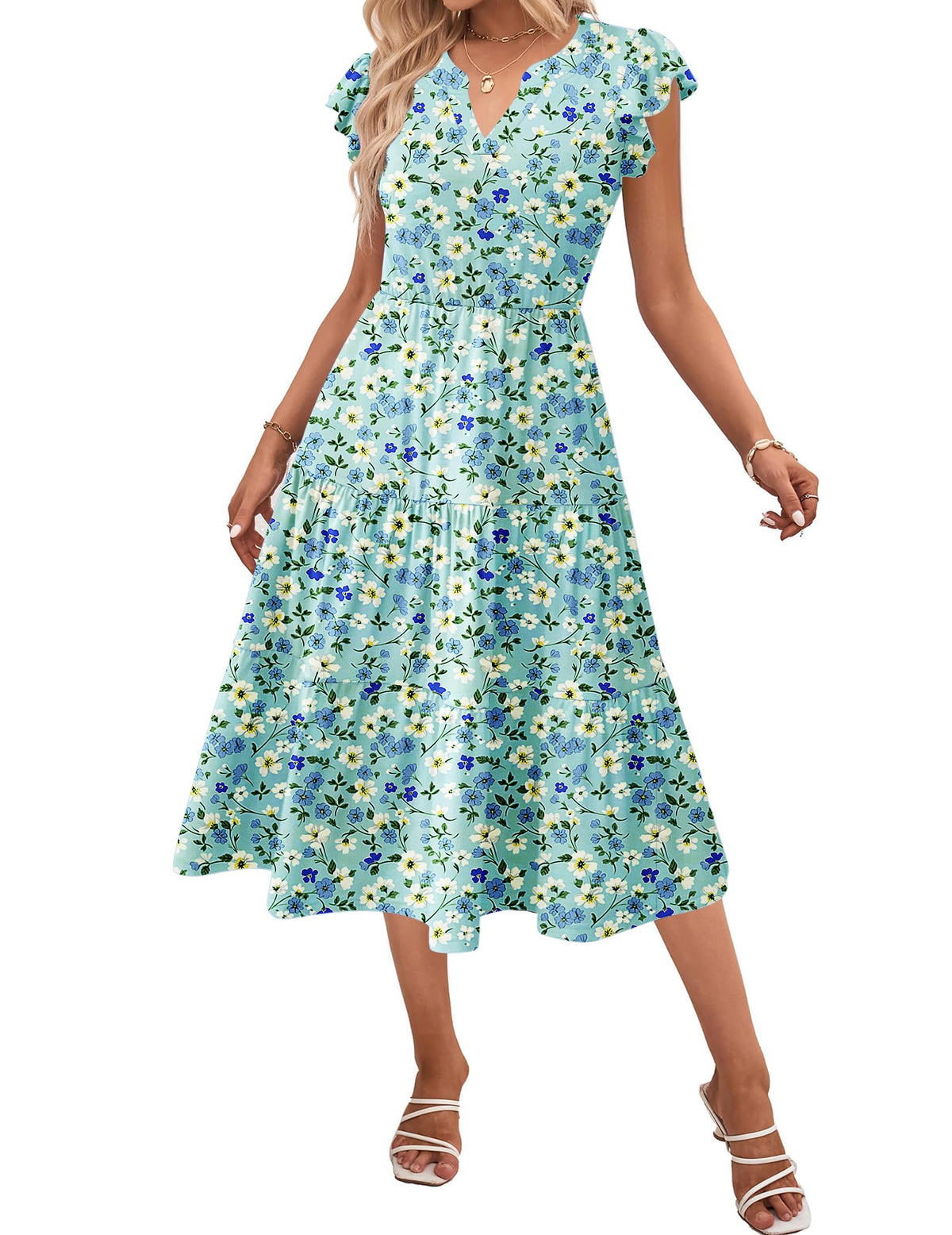 ZEAGOO Womens Summer Casual Dresses Ruffle Sleeve V Neck Midi Dress Flowy Tiered Dress with Pockets Boho Sundresses