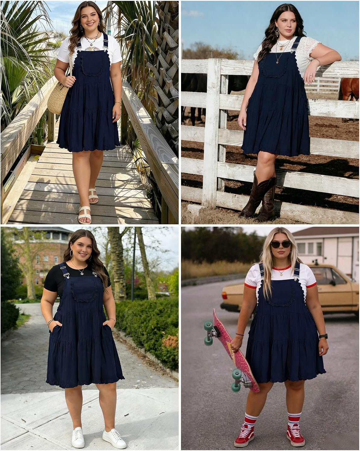 Moon Wood Plus Size Overall Dress for Women Adjustable Straps Lace Trim Jumper Dress with Pockets Tiered Mini Dress
