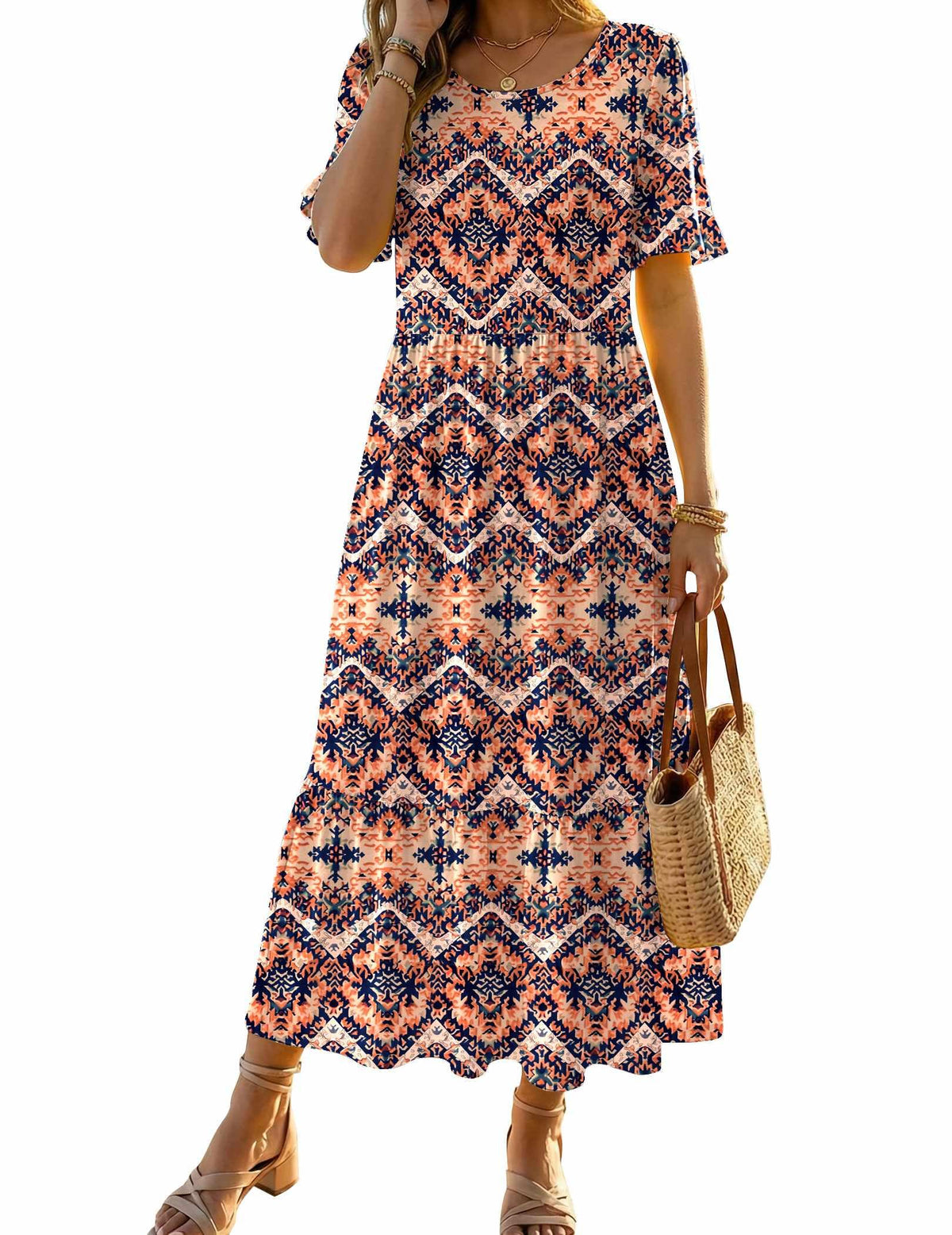 Zeagoo Womens Summer Dresses 2026 Casual Midi Dress Flowy Sundress Ruffle Short Sleeve Tiered Dresses A Line Boho Dress