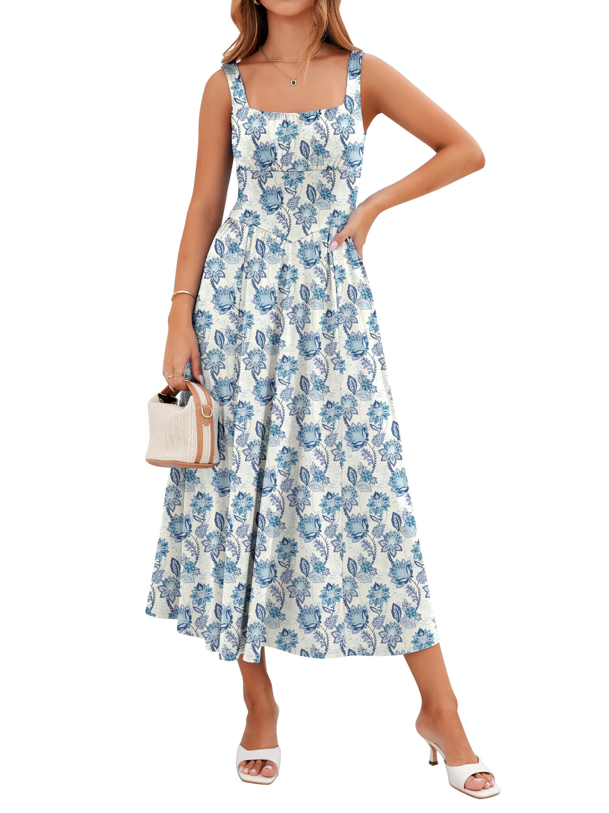 YIOYOLA Womens Casual Summer Dress with Pockets | Sleeveless Square Neck Flowy A-Line Midi Sundress for Beach & Wedding Guest