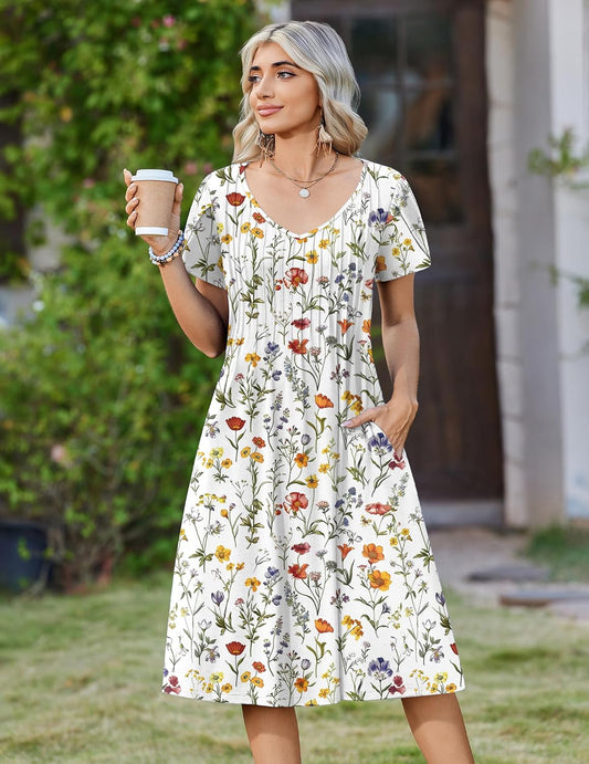 Zeagoo Womens Casual Summer Dress 2026 Short Sleeve Dresses Pleats Midi A Line Flowy Dress Boho Beach Sundress with Pockets