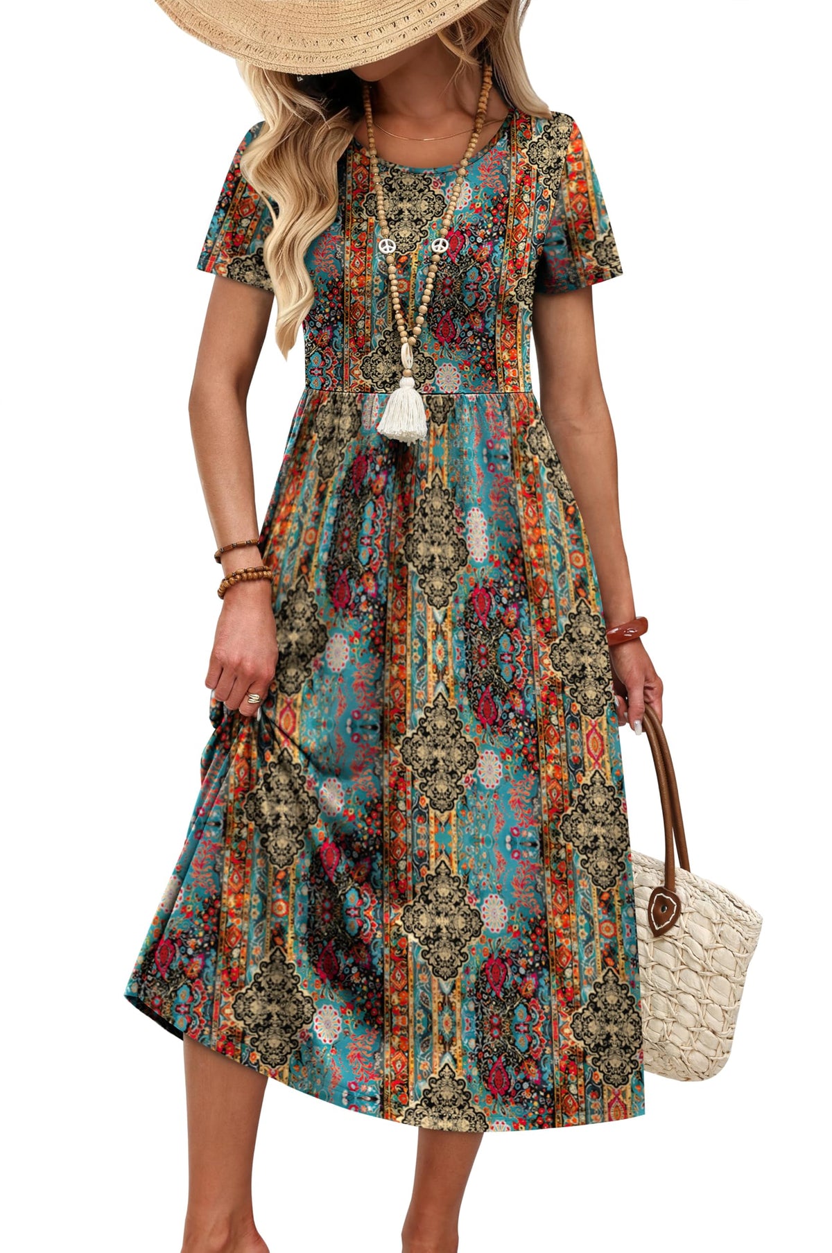 OFEEFAN Spring Summer Dresses for Women 2026 Crewneck Short Sleeve Flowy Casual Midi Beach Sundress with Pockets