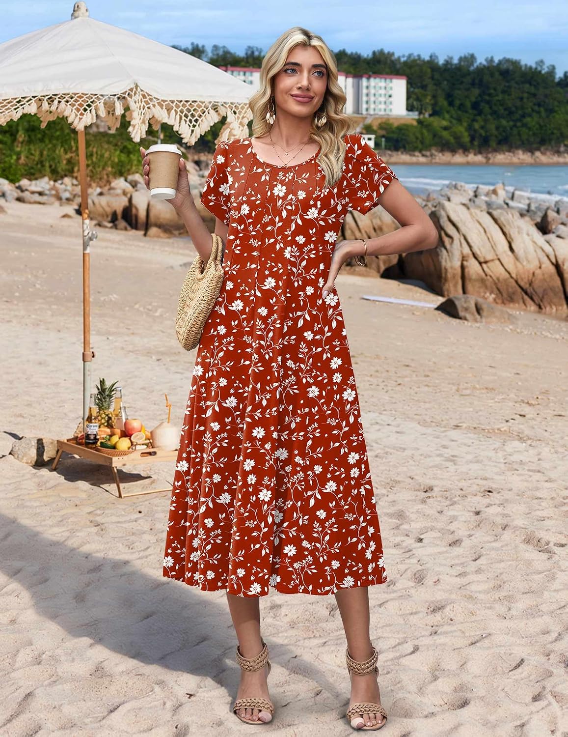 HOTOUCH Summer Dresses for Women 2026 Casual Midi Dress Petal Short Sleeve A Line Dress Pleated Flare Sundress