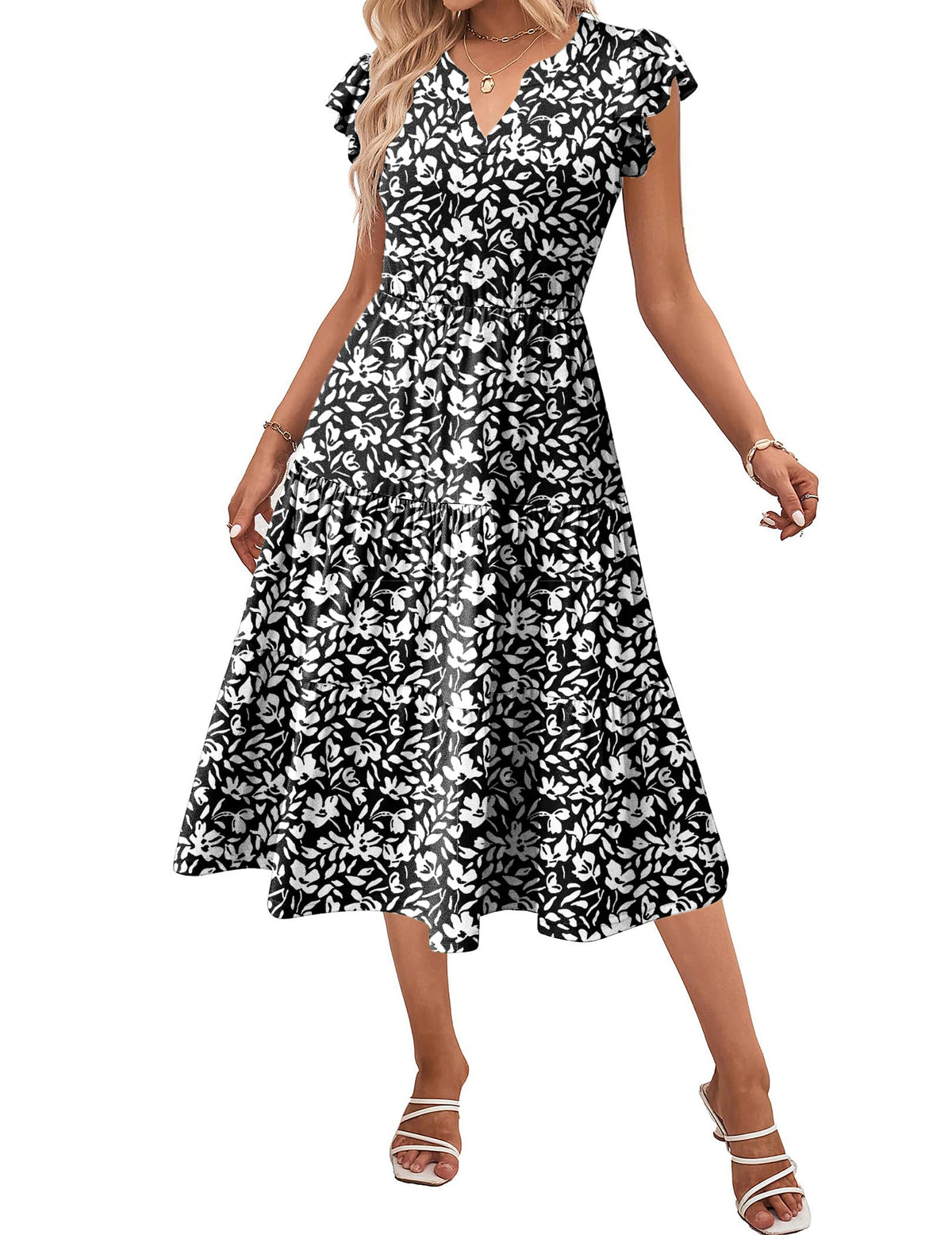 ZEAGOO Womens Summer Casual Dresses Ruffle Sleeve V Neck Midi Dress Flowy Tiered Dress with Pockets Boho Sundresses