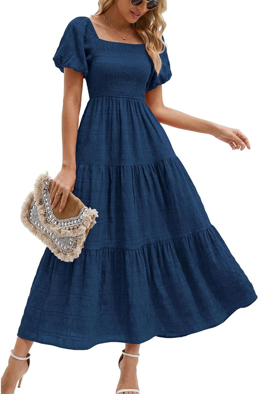 PRETTYGARDEN Womens Puff Short Sleeve Maxi Dress