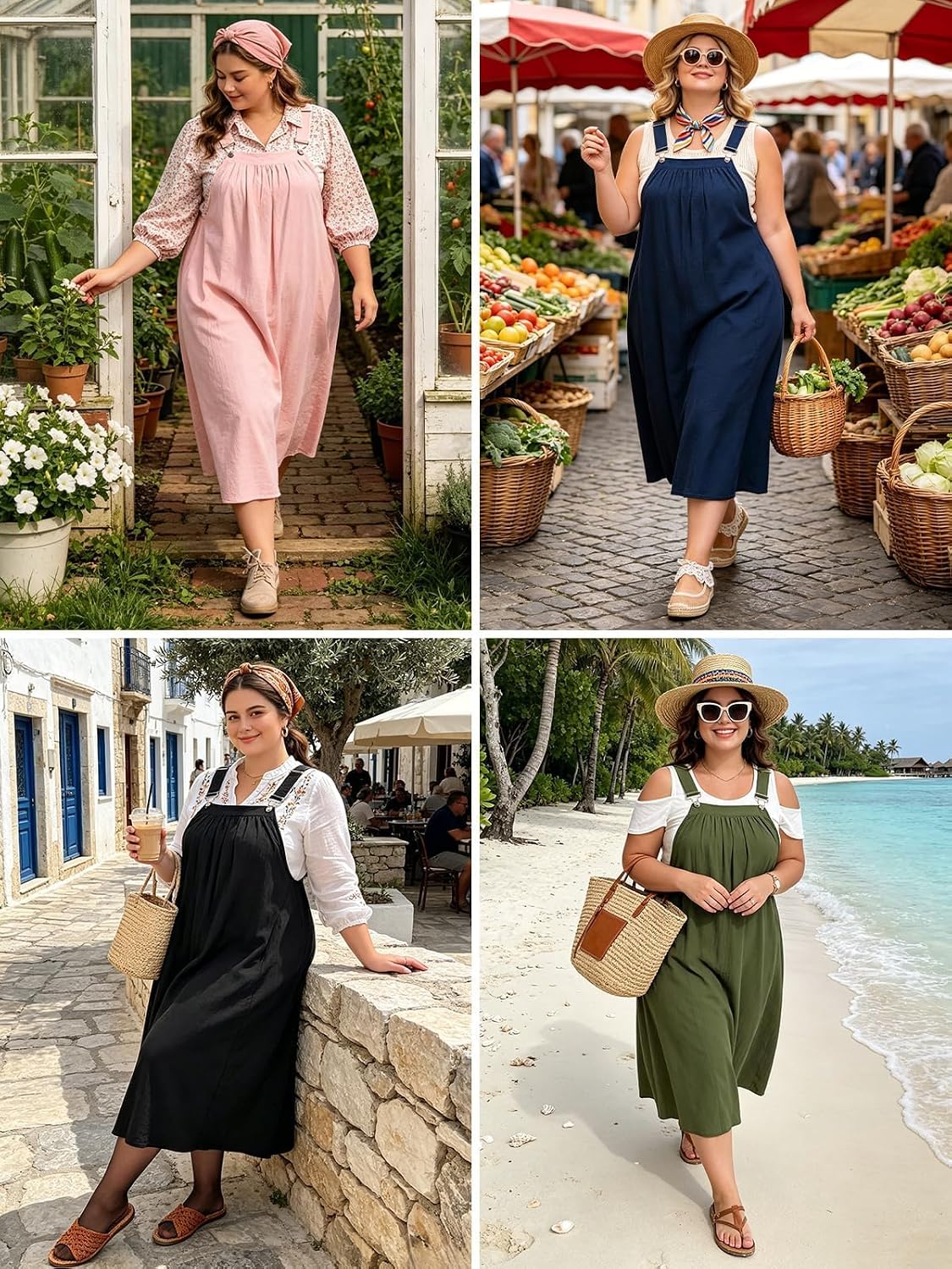 Moon Wood Plus Size Cotton Overall Dress for Women Casual Maxi Dress Adjustable Strap Jumper Dress with Pockets