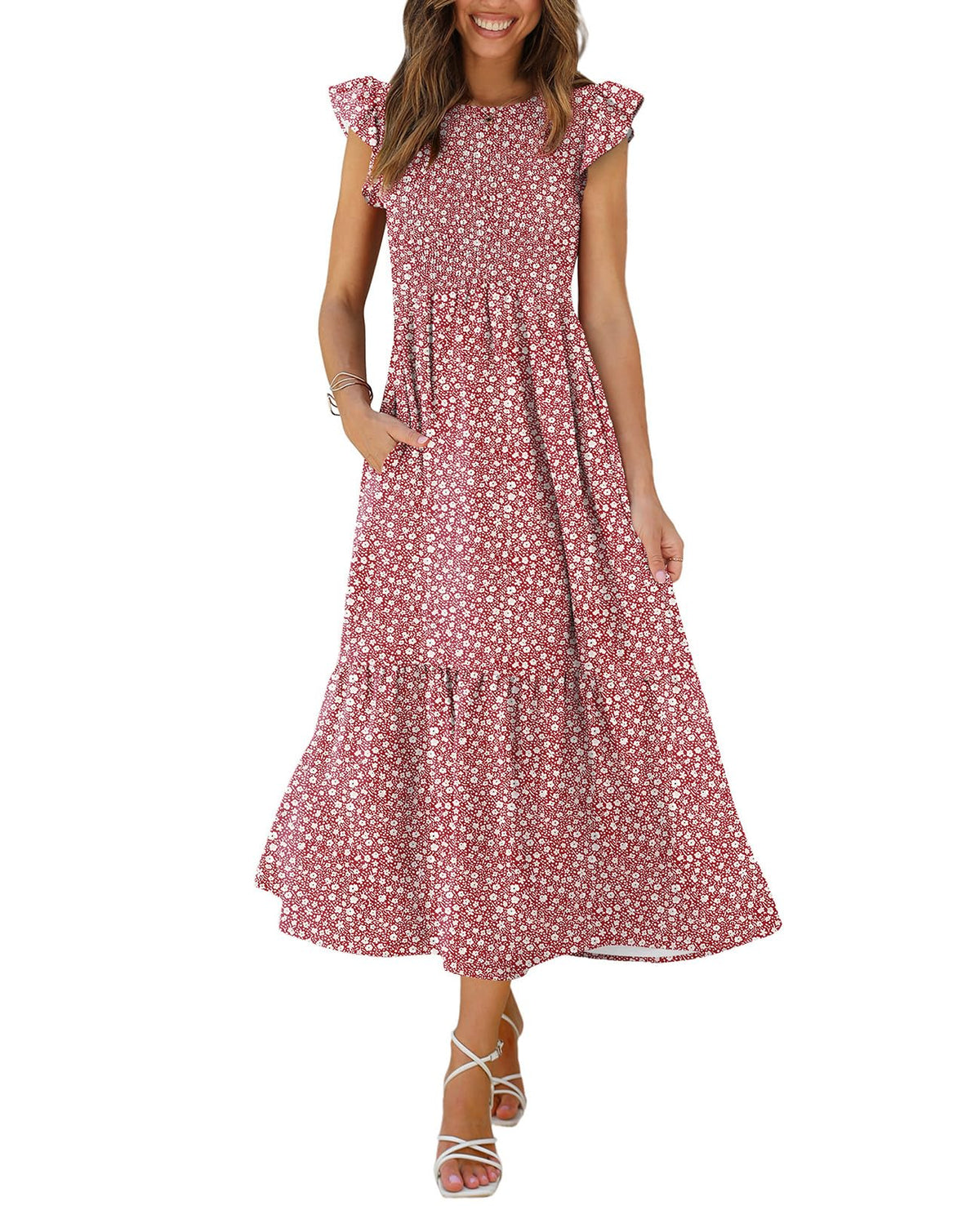OFEEFAN Women's Casual Maxi Dresses with Pockets Ruffle Sleeve Smocked Dress XS-2XL