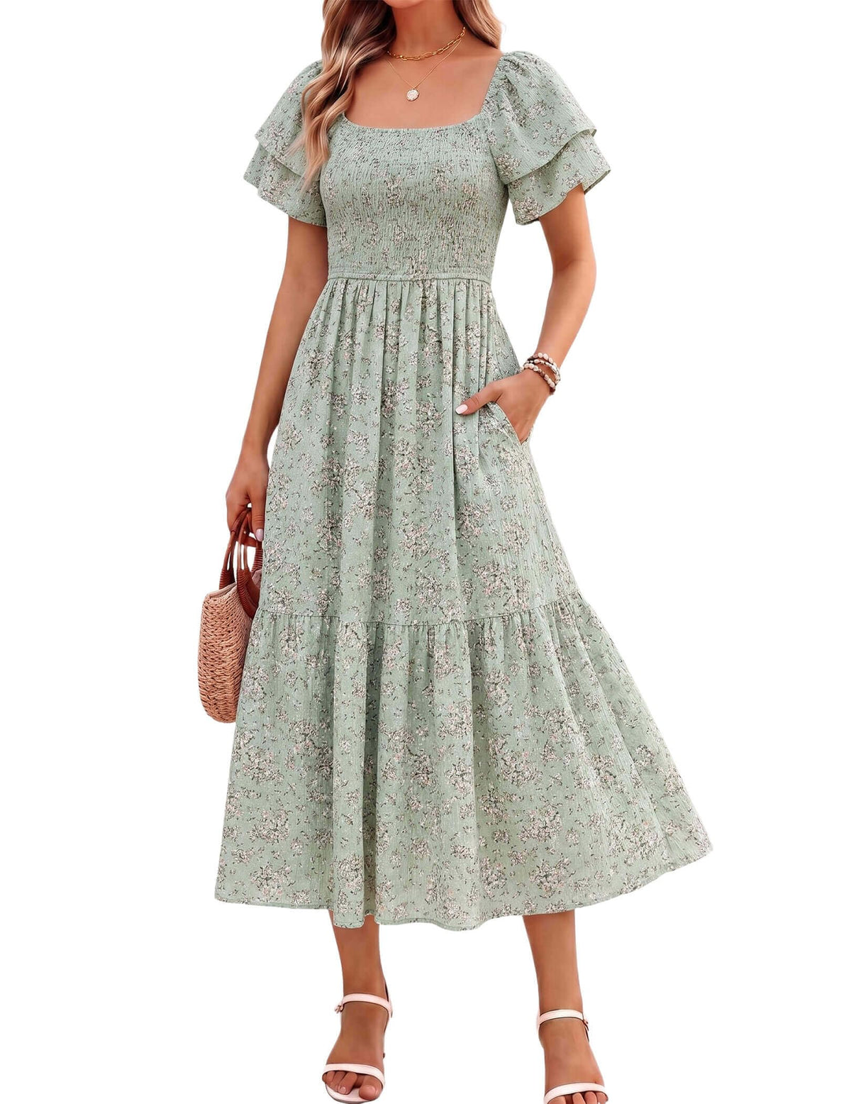 Women's Summer Midi Dress Short Sleeve Square Neck Off Shoulder Ruffle Elastic High Waist Vacation Dress with Pockets