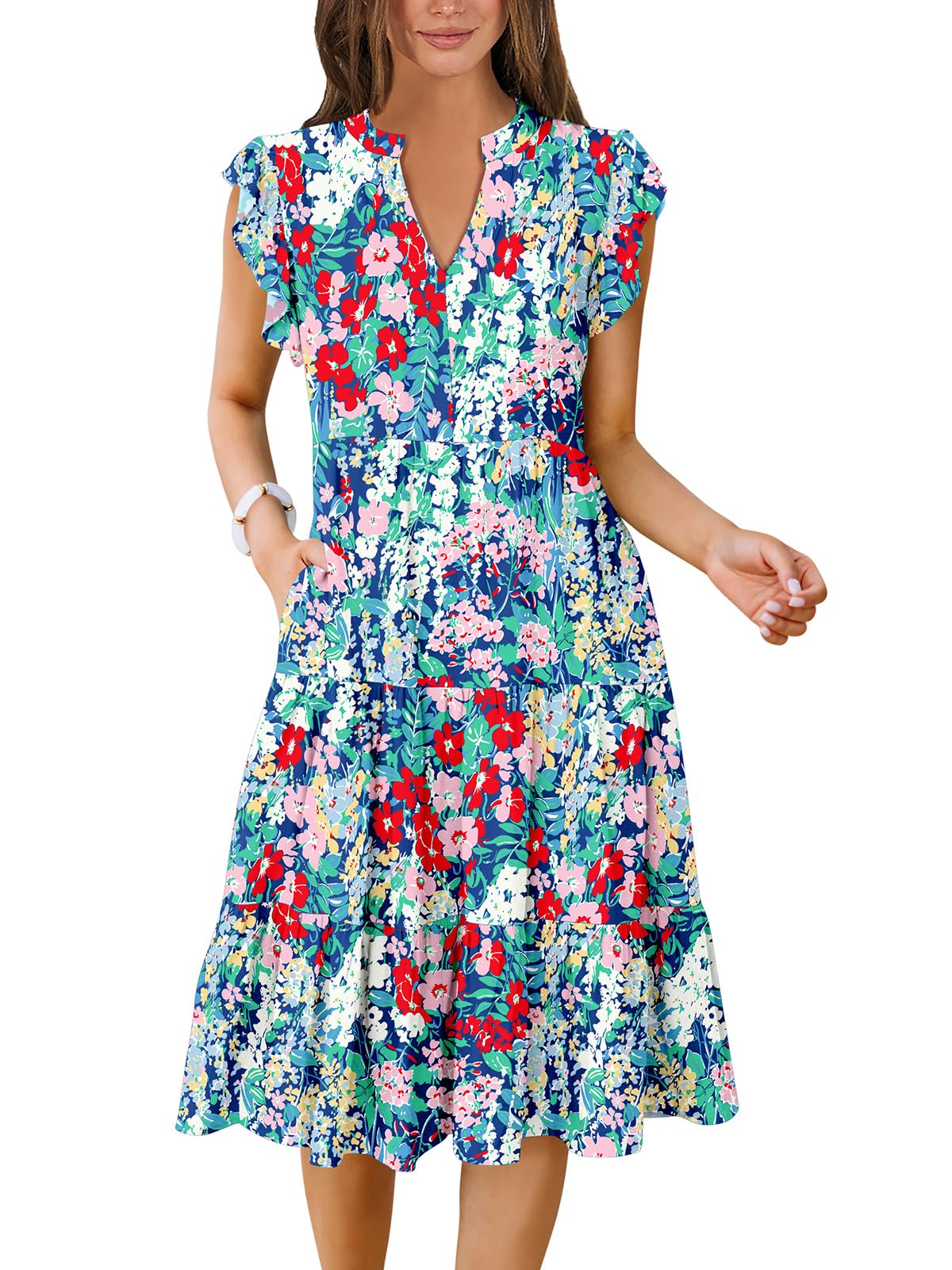 ANRABESS Womens Summer Dress Ruffle Sleeve V Neck Midi Dresses
