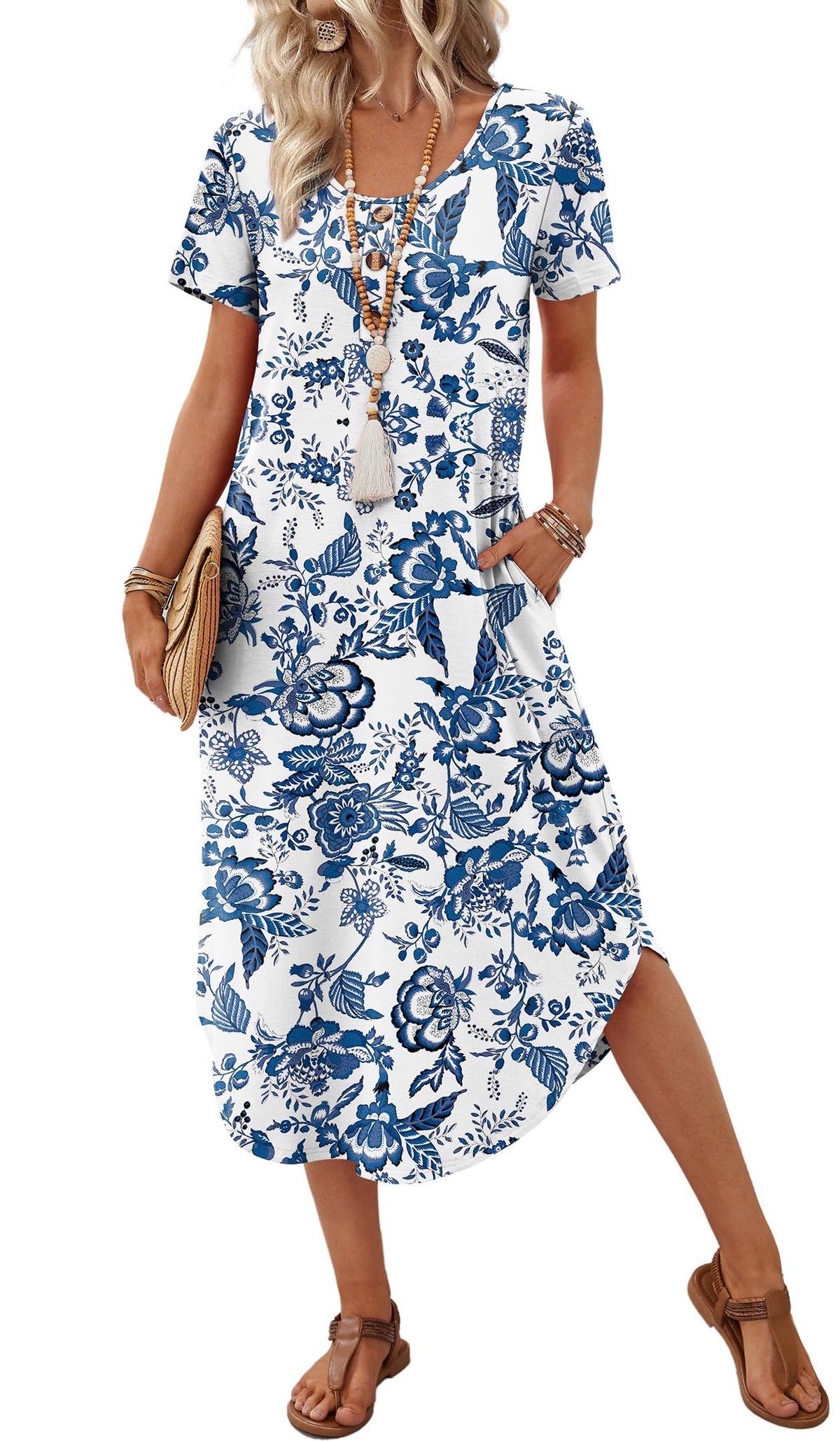 OFEEFAN Summer Dresses for Women 2026 Casual Midi Dresses Beach Vacation Outfits Tshirt Dress with Pockets Resort Wear