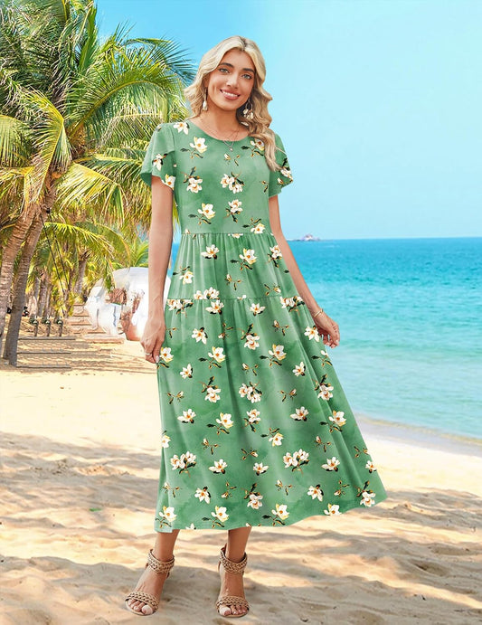 Zeagoo Summer Dresses for Women 2026 Maxi Bohemian Short Sleeve Long Dress