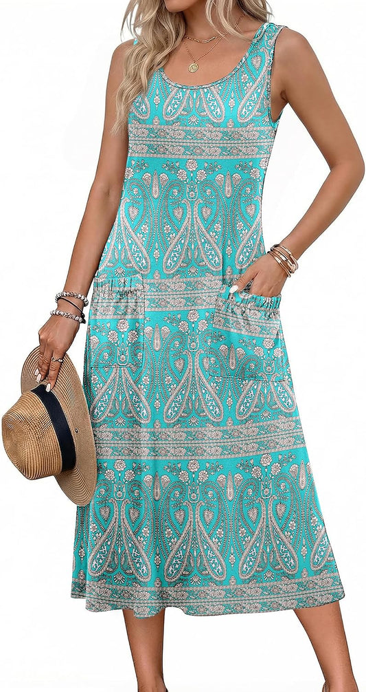 Zeagoo Womens Summer Midi Dresses 2026 Casual Sleeveless Tank Sundresses A Line Crewneck Beach Vacation Dress with Pockets