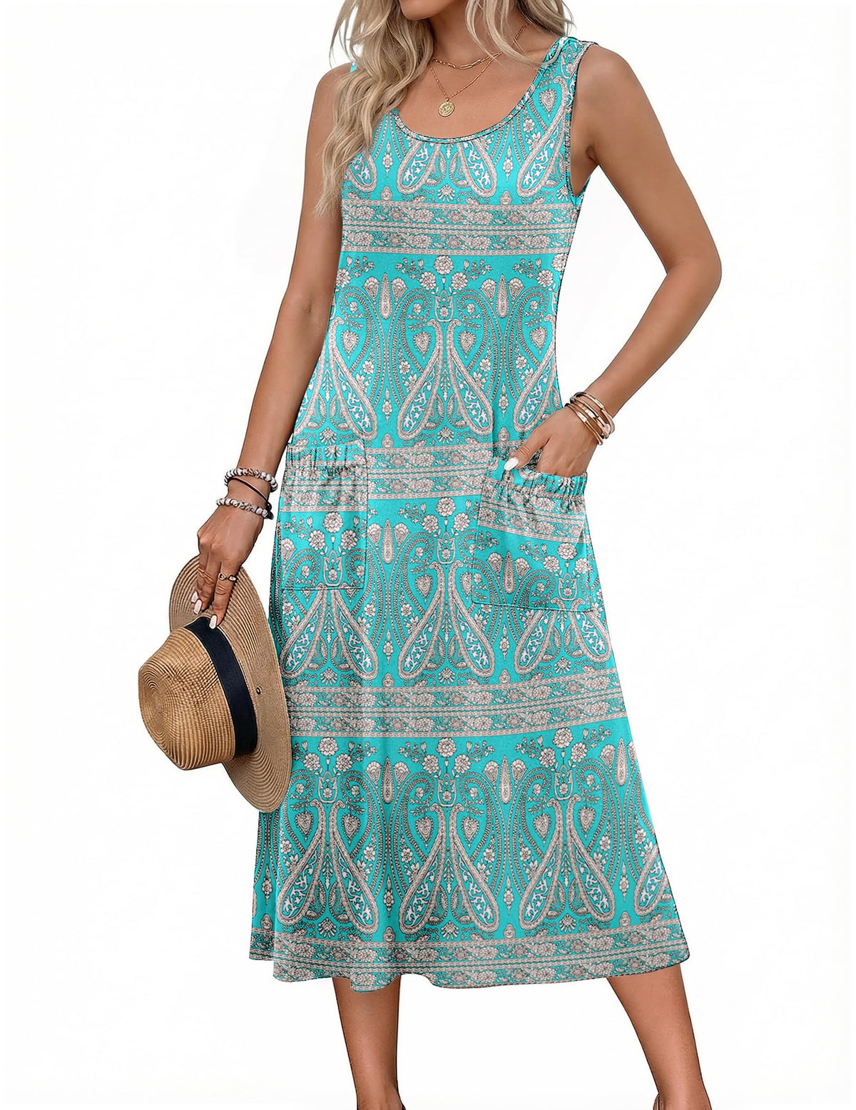 Zeagoo Womens Summer Midi Dresses 2026 Casual Sleeveless Tank Sundresses A Line Crewneck Beach Vacation Dress with Pockets