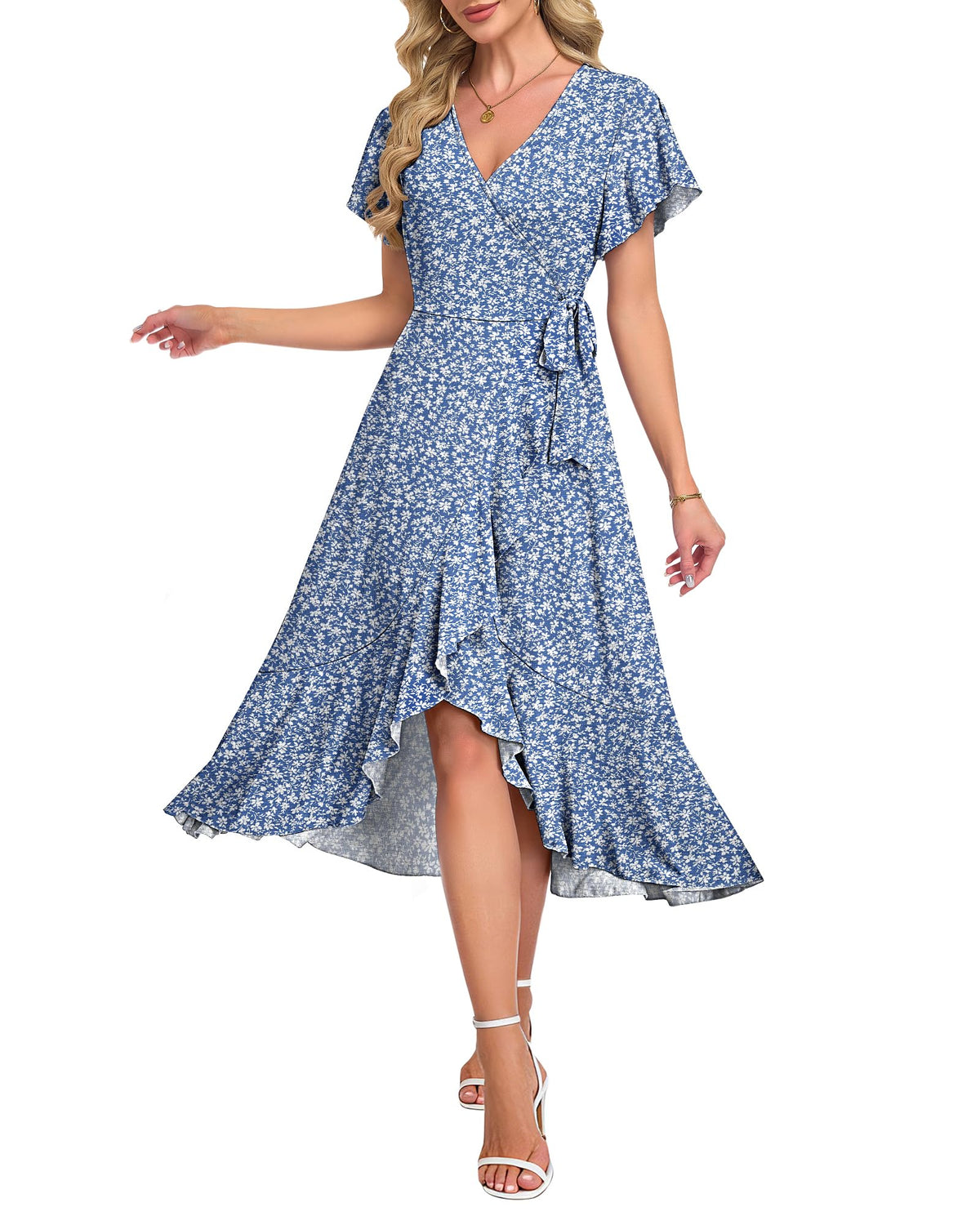 AUSELILY Women Summer Midi Dresses Wrap Short Flutter Sleeve Elegant Dress