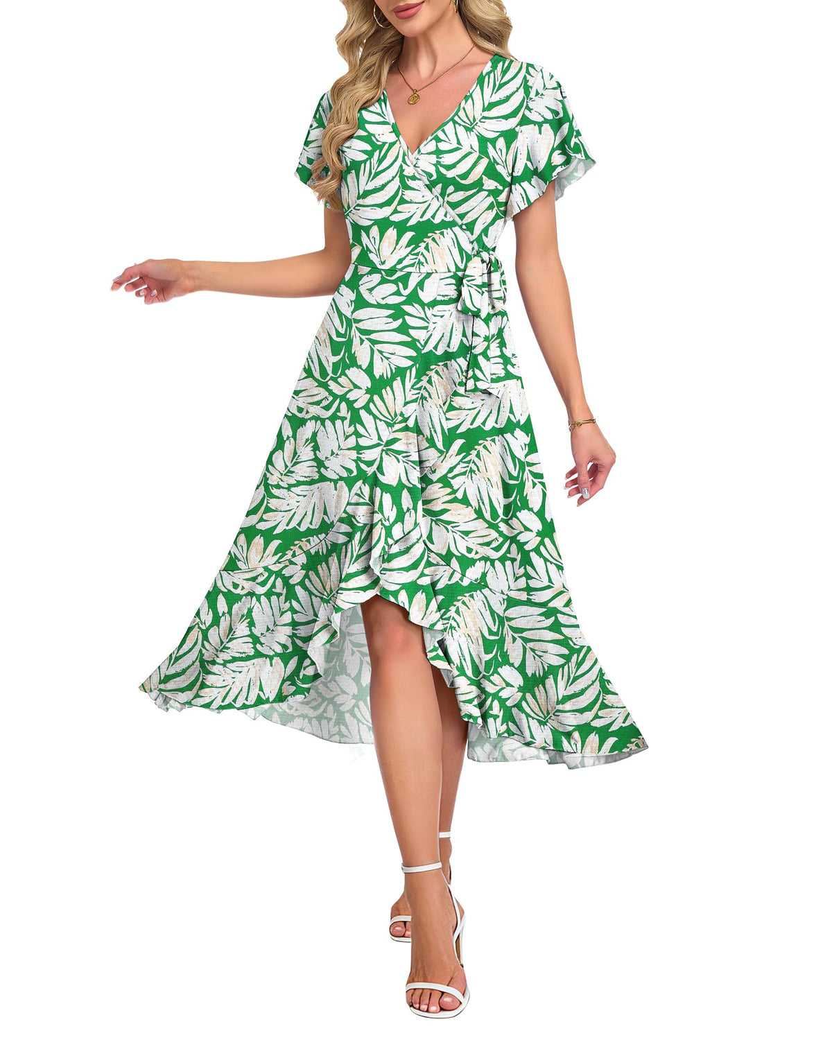 AUSELILY Women Summer Midi Dresses Wrap Short Flutter Sleeve Elegant Dress