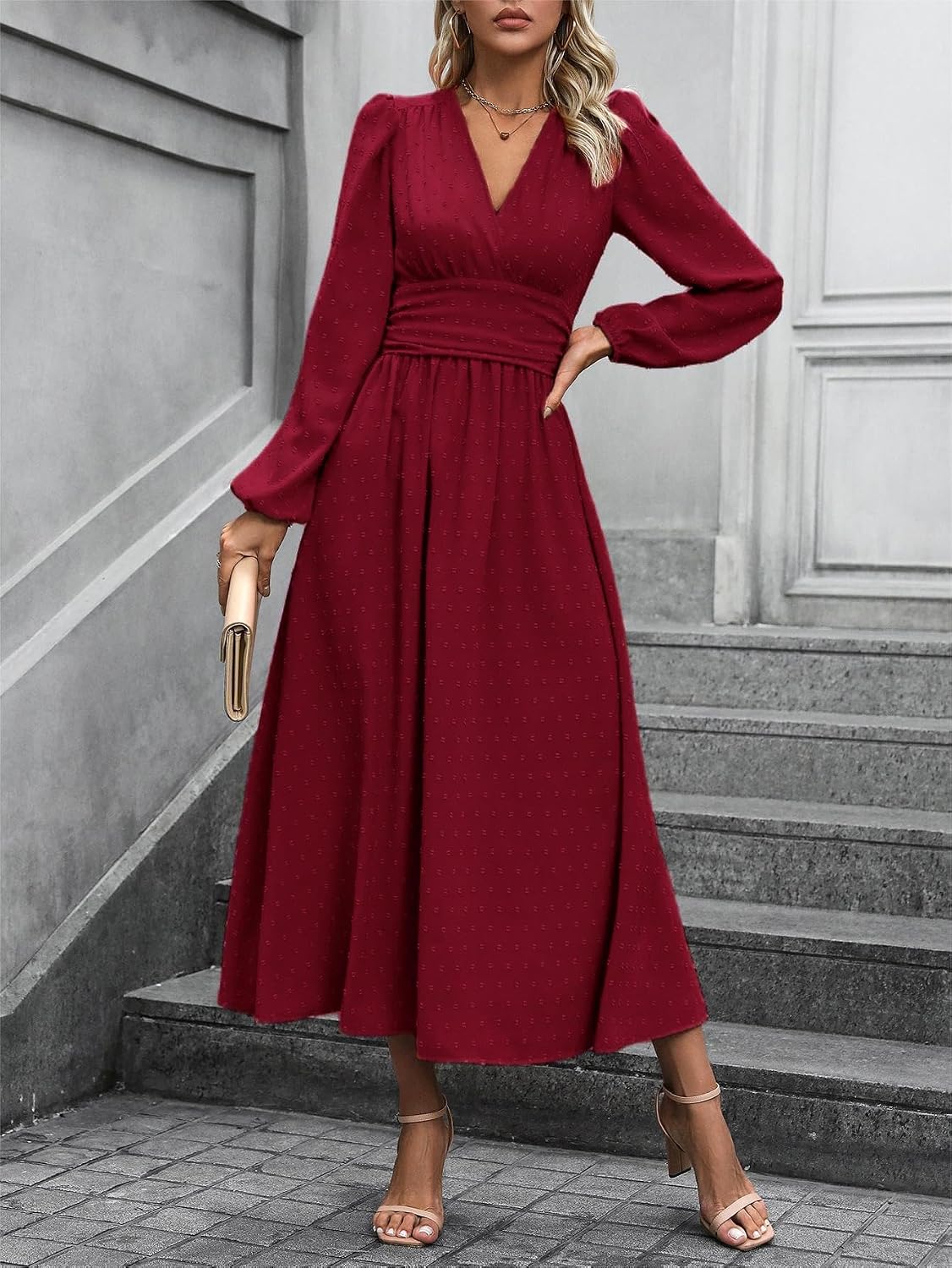 Mettclasi Women's Spring Fall Swiss Dot V-Neck Midi Dress Casual Puff Long Lantern Sleeve A-Line Flowy Wedding Guest Dress