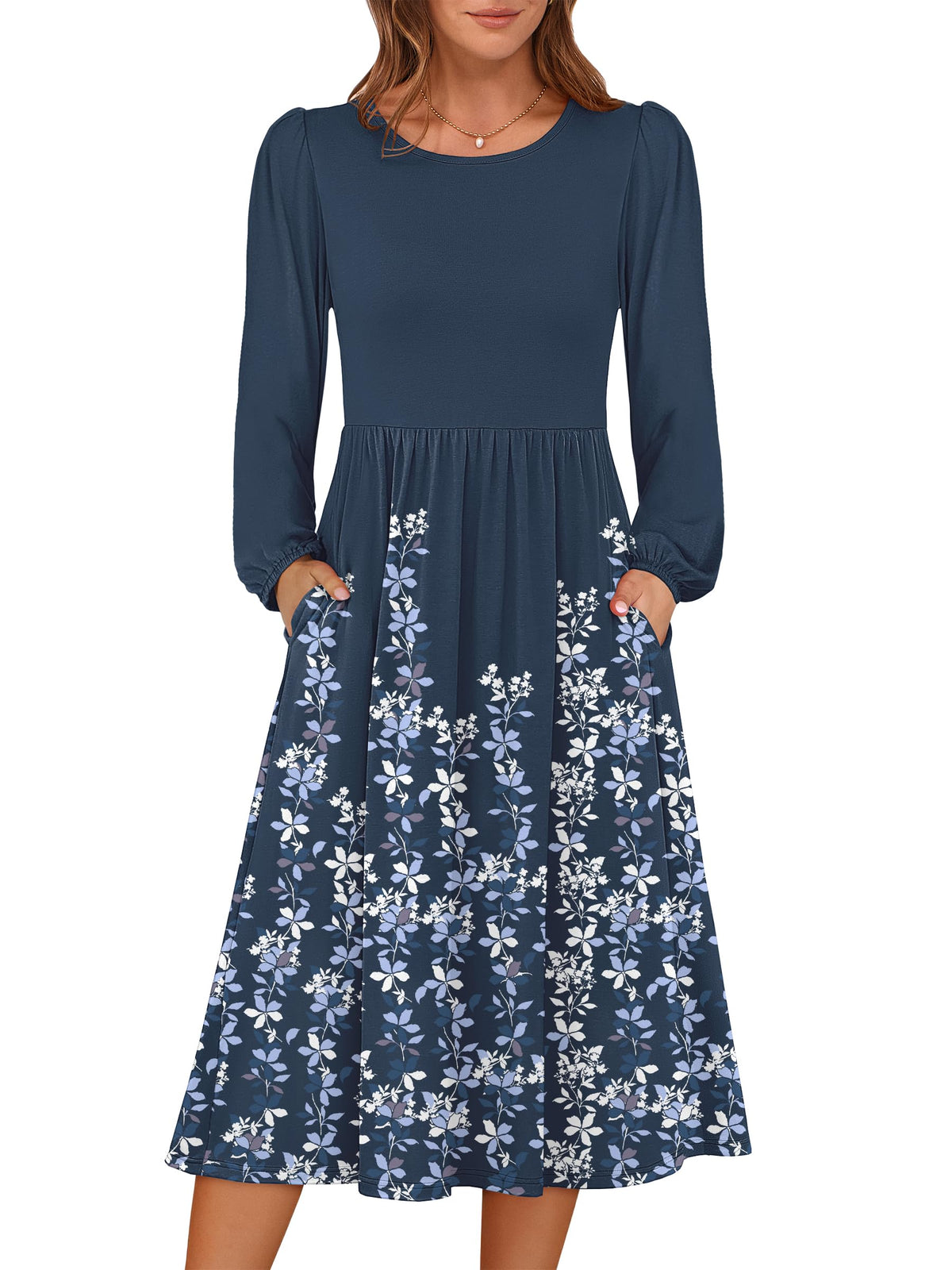 ANRABESS Women Long Sleeve Casual Fall Midi Dress Lightweight with Pockets