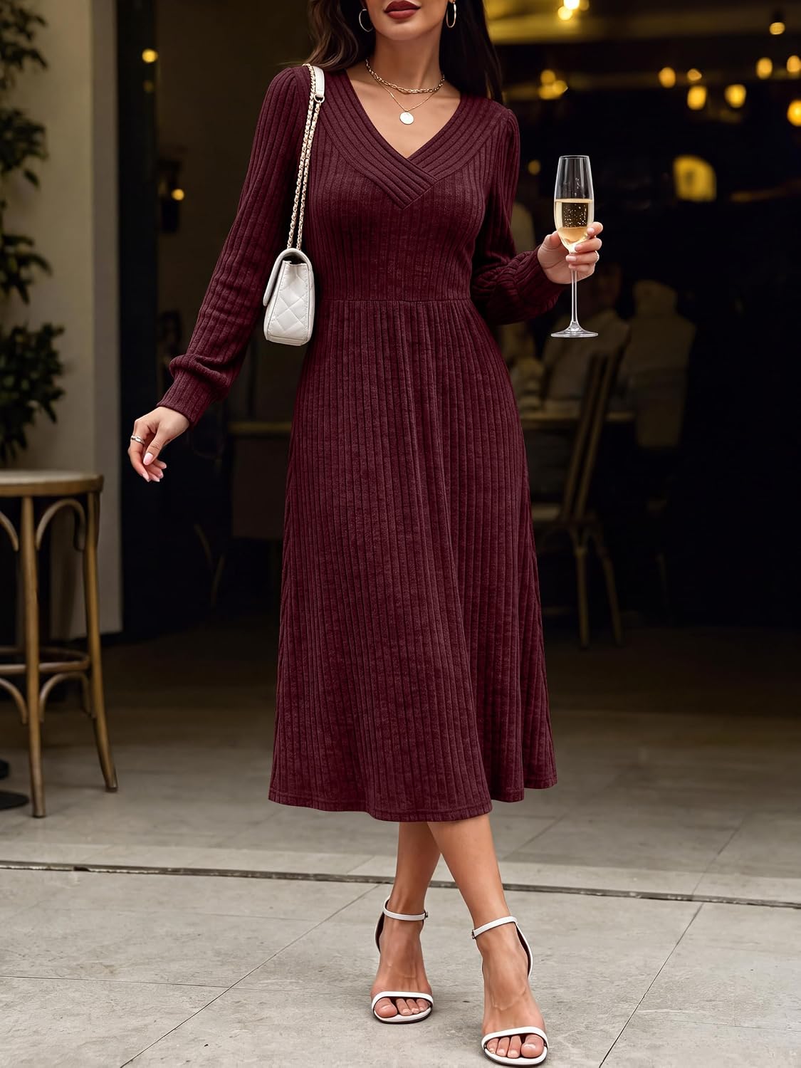 ANRABESS Womens Long Sleeve V Neck A Line Fall Midi Dress