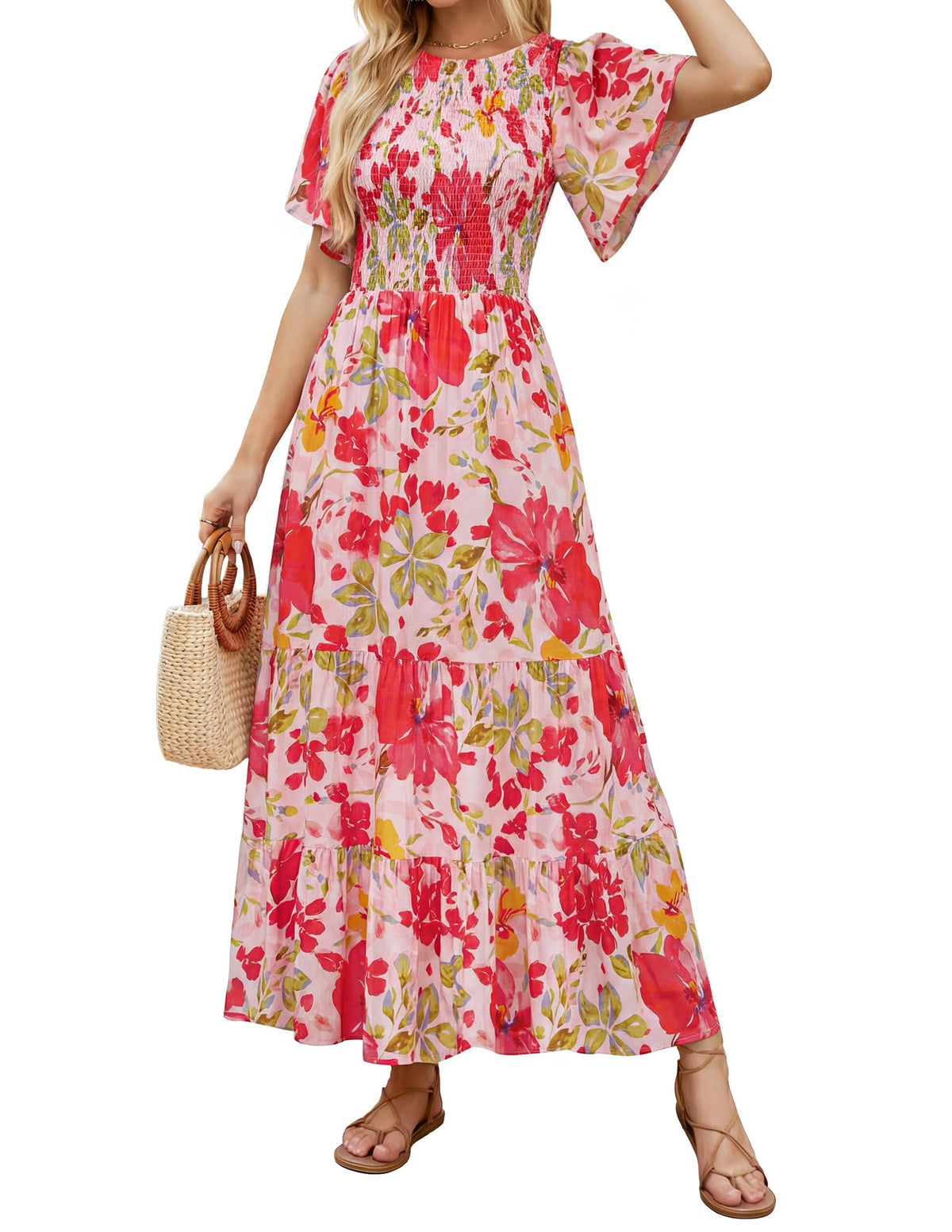 ZESICA Women's Summer Boho Floral Smocked Short Sleeve Maxi Dress