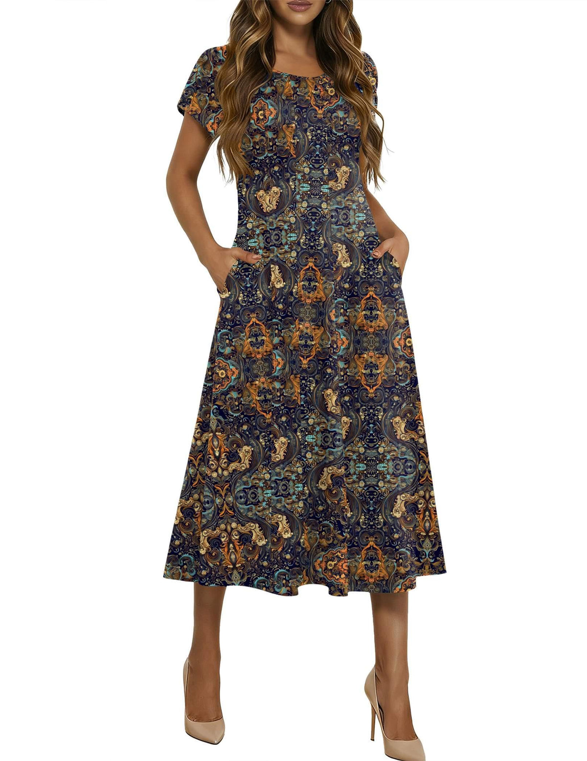 HOTOUCH Summer Dresses for Women 2026 Casual Midi Dress Petal Short Sleeve A Line Dress Pleated Flare Sundress