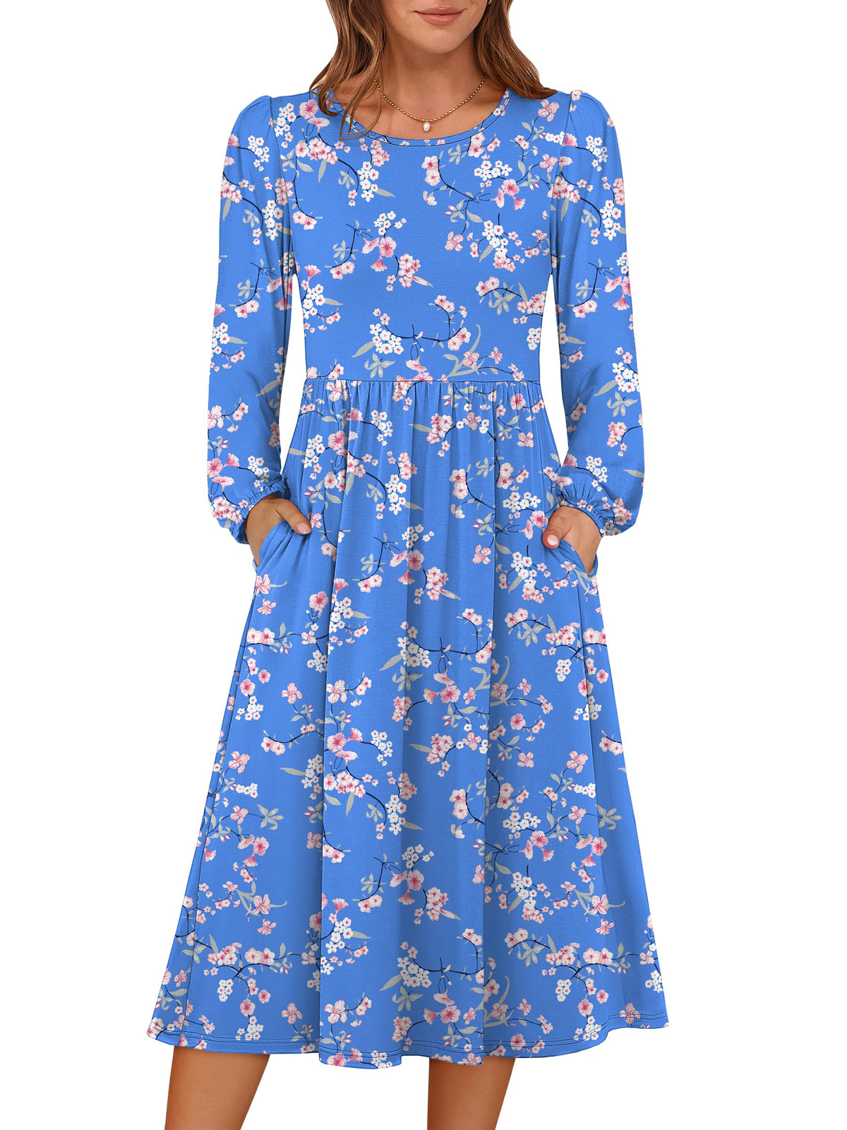ANRABESS Women Long Sleeve Casual Fall Midi Dress Lightweight with Pockets