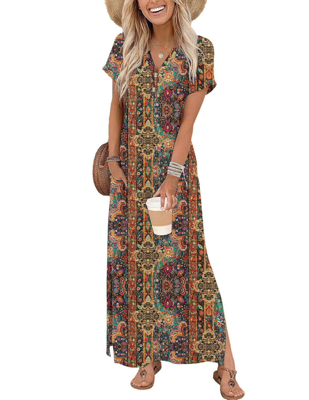Zeagoo Summer Dresses for Women 2026 Maxi Dresses Vacation Sundress Short Sleeve Casual Sundresses Split Dress with Pockets
