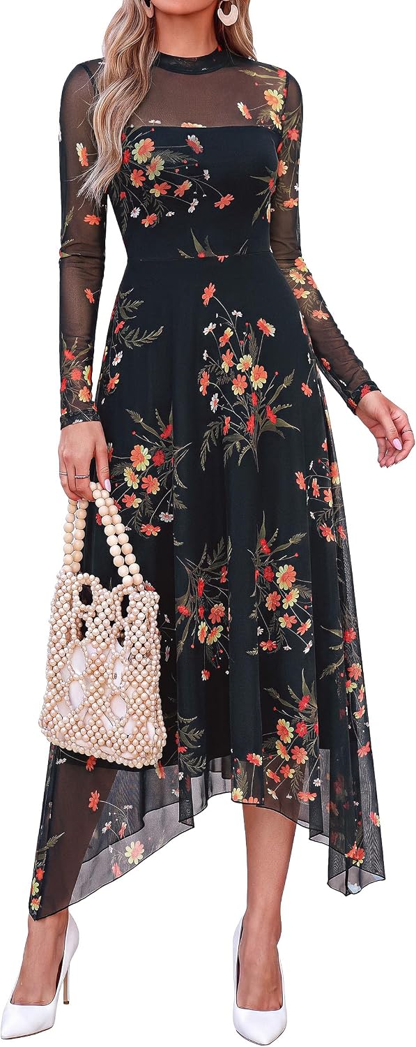 PRETTYGARDEN Women's Floral Mesh Midi Dress