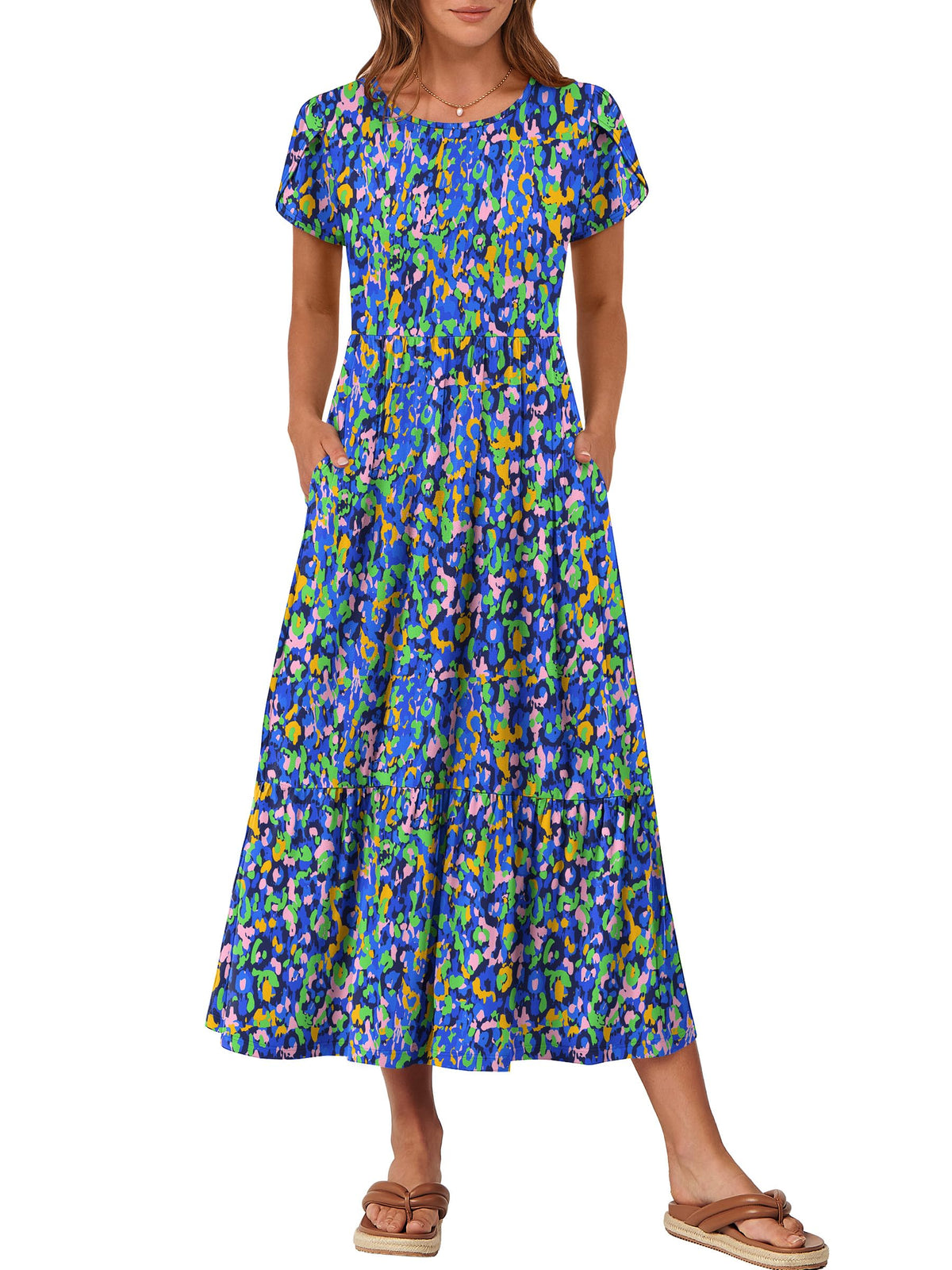 ANRABESS Womens Summer Petal Short Sleeve Maxi Dress with Pockets