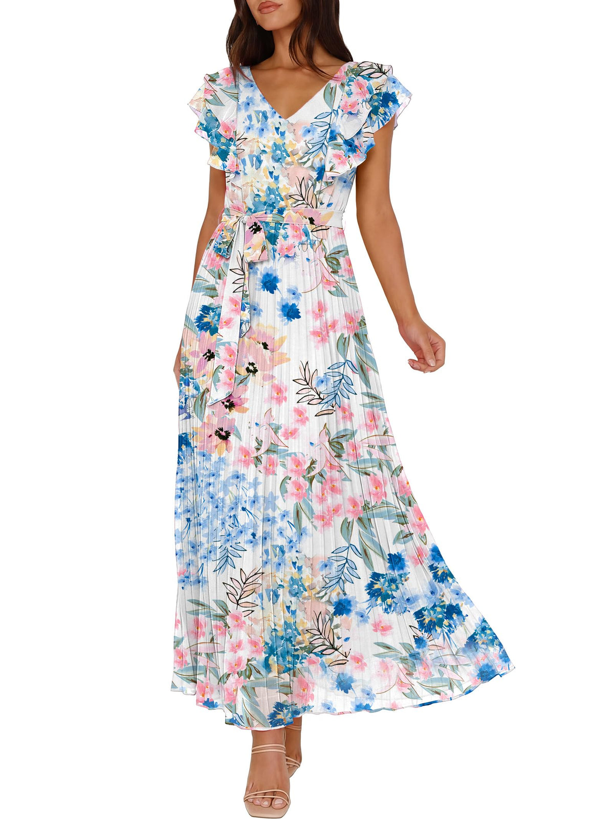 ANRABESS Women V Neck Ruffle Sleeve Floral Pleated Maxi Dresses Summer Boho Belt Empire Waist Wedding Guest Party Flowy Dress
