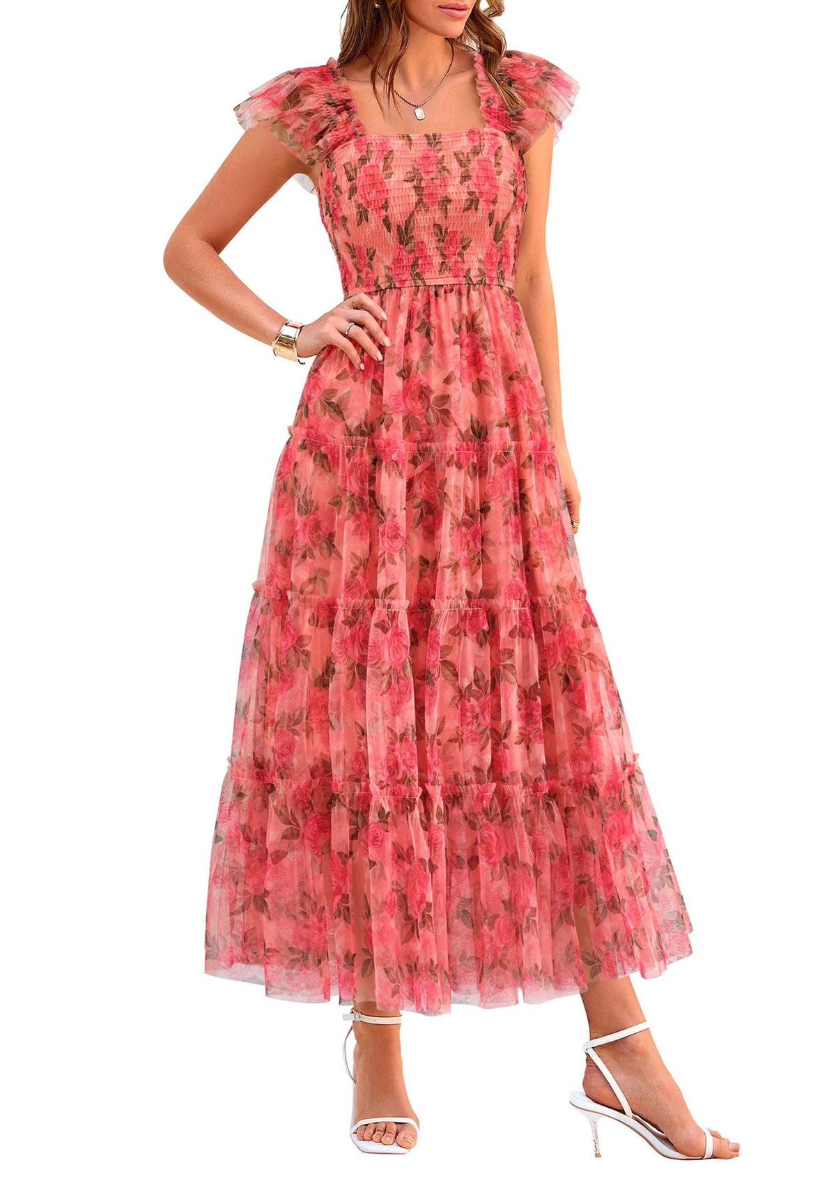 PRETTYGARDEN Women's Summer Smocked Midi Tulle Dress