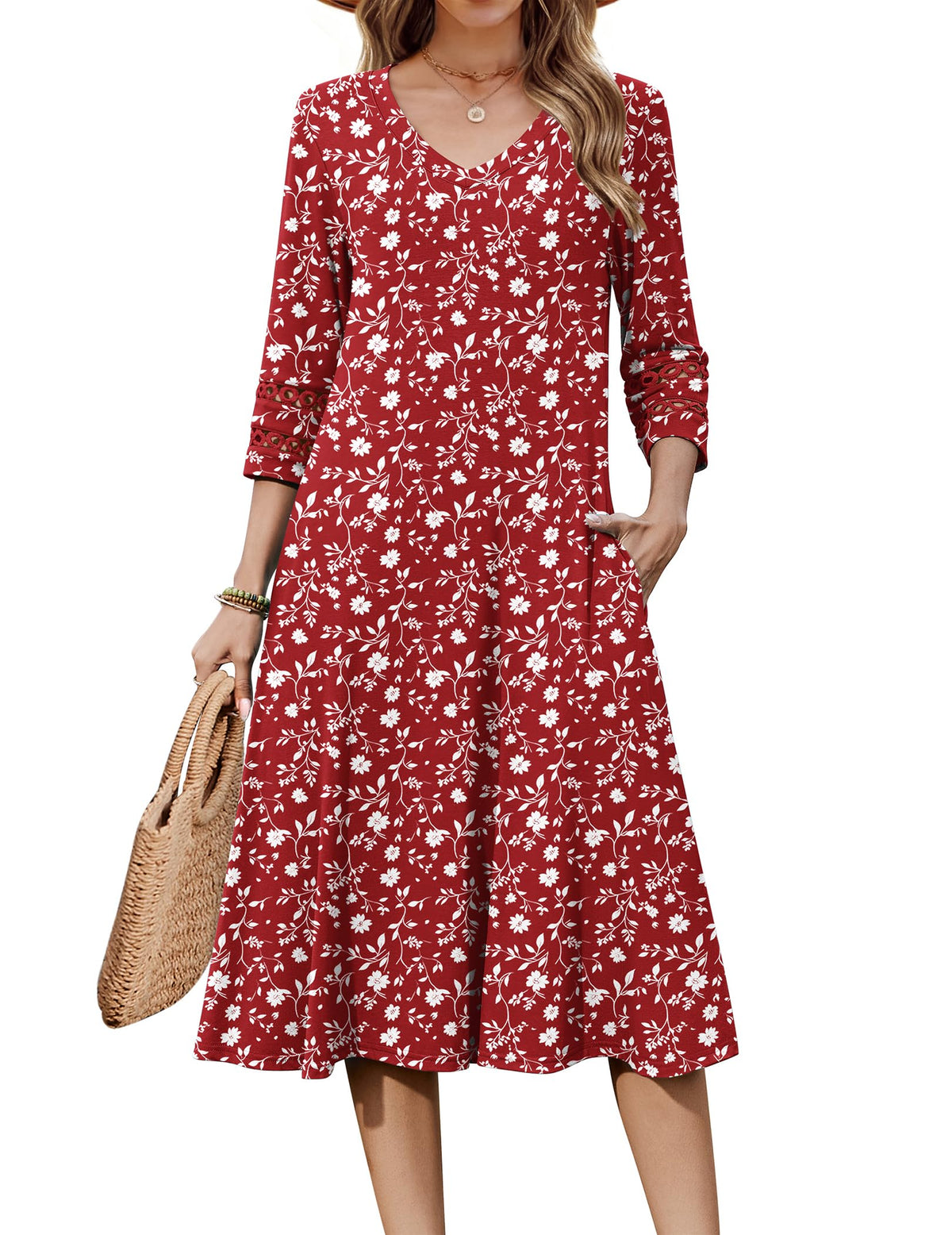 Zeagoo Women's Dresses 3/4 Sleeve Casual V-Neck A Line Eyelet Midi Dress