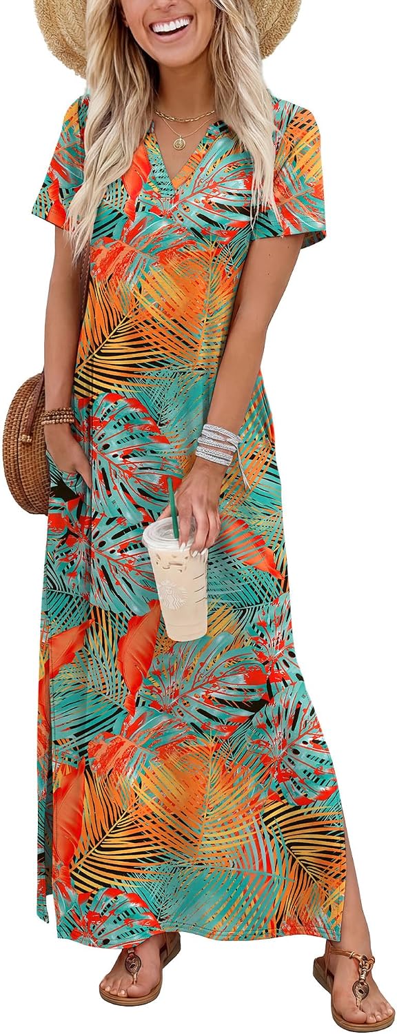 OFEEFAN Summer Dresses for Women 2026 Maxi Dress Short Sleeve Sundresses with Pockets Beach Vacation Spring Outfits
