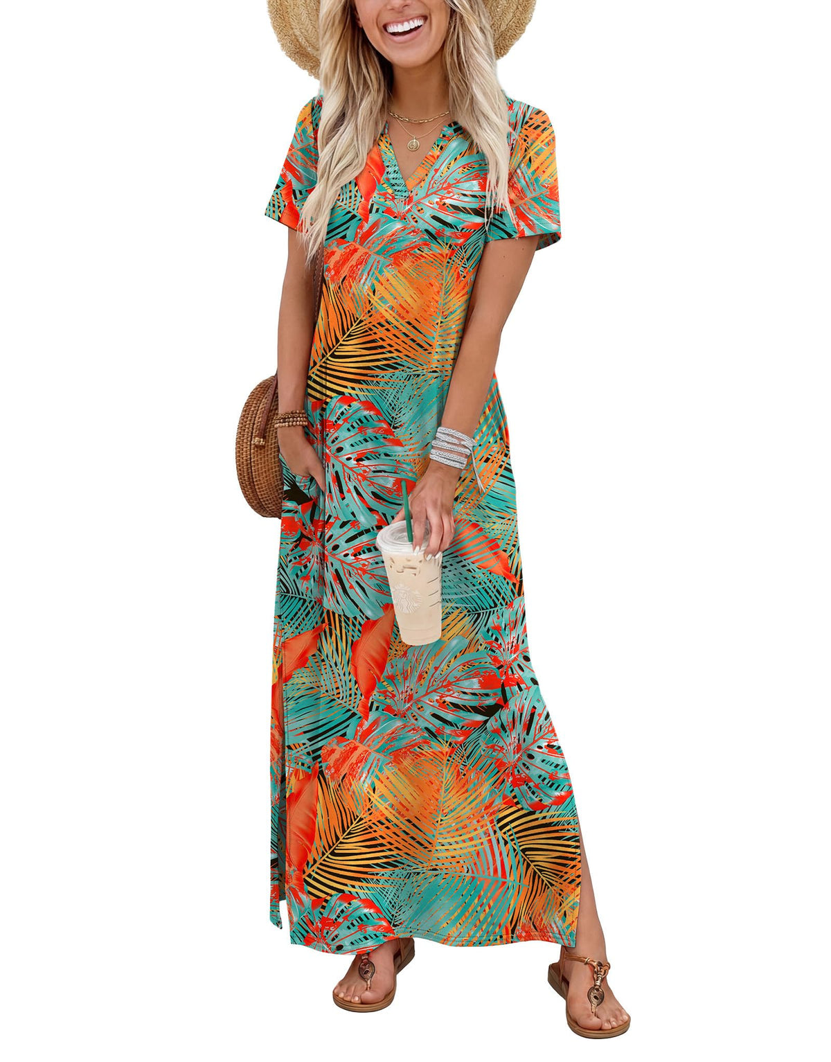 OFEEFAN Summer Dresses for Women 2026 Maxi Dress Short Sleeve Sundresses with Pockets Beach Vacation Spring Outfits