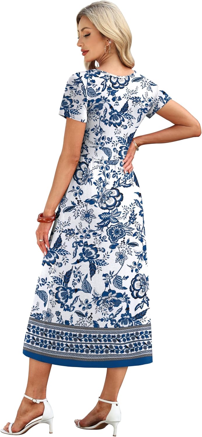 OFEEFAN Summer Dresses for Women Flowy Casual A-Line Midi Dress Beach Vacation Sundresses with Pockets S-2XL
