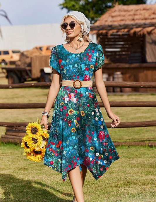 Zeagoo Womens Casual Dress for Summer Loose Hankerchief Flare Midi Sundress