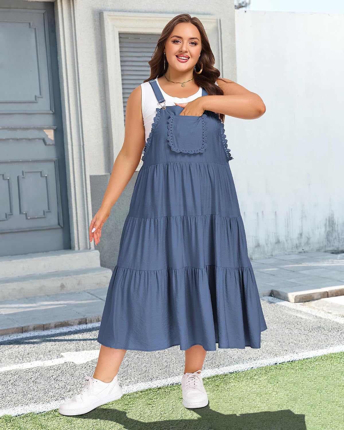 Moon Wood Plus Size Overall Dress for Women Casual Bib Jumper Dress Summer Maxi Dress with Pockets Adjustable Straps