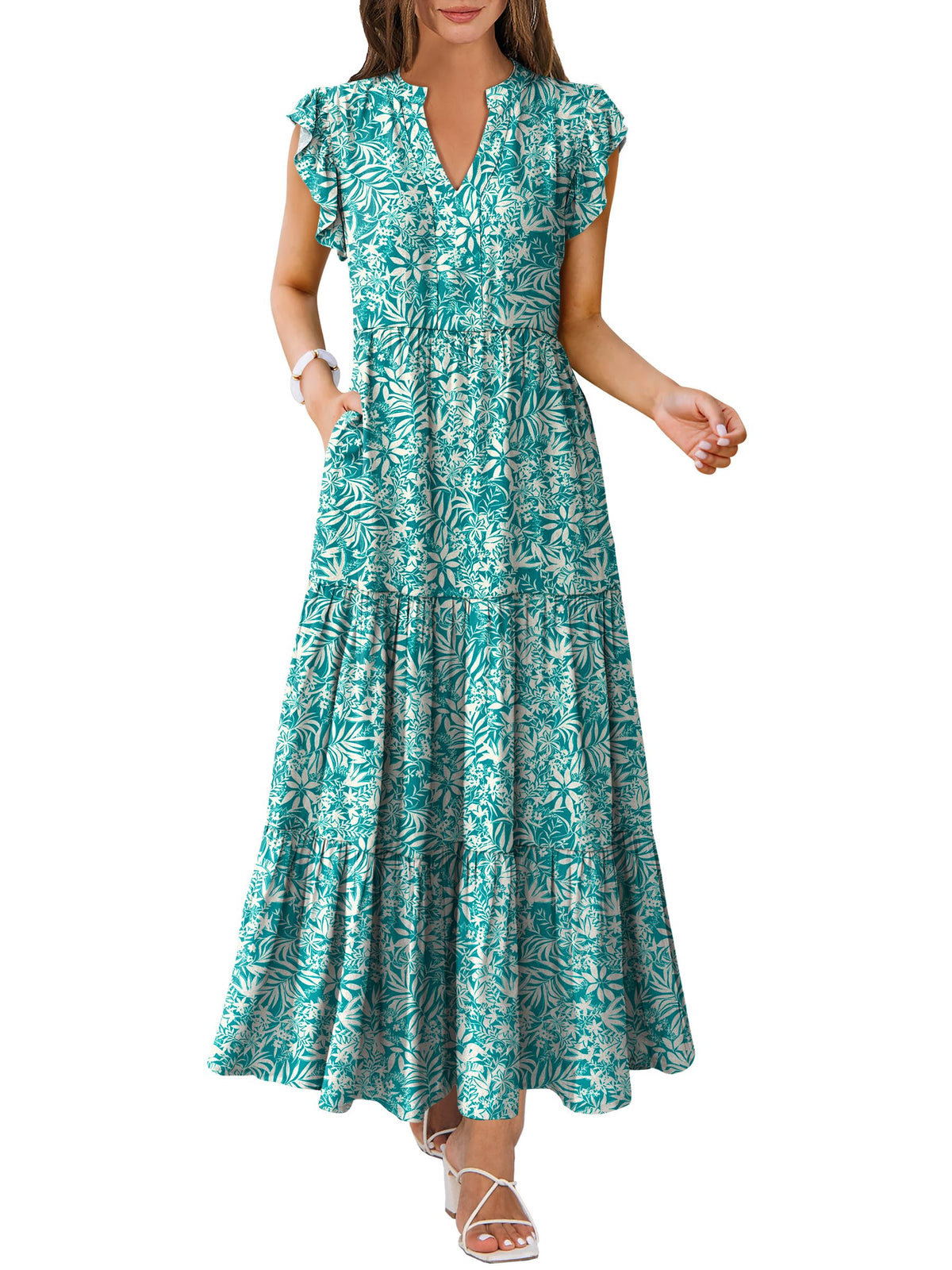 ANRABESS Womens Summer Dress Ruffle Sleeve V Neck Vacation Maxi Dresses