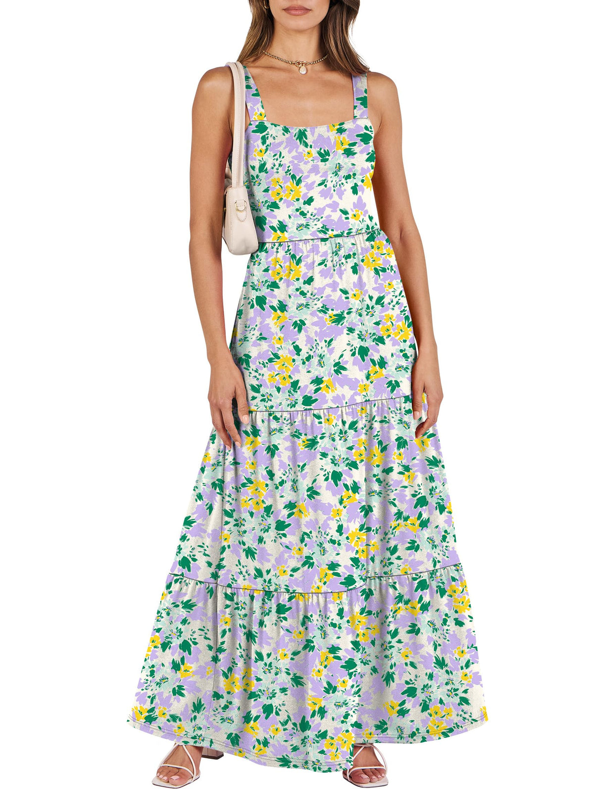 ANRABESS Women's Summer Flowy Maxi Dress Square Neck Sundress with Pockets