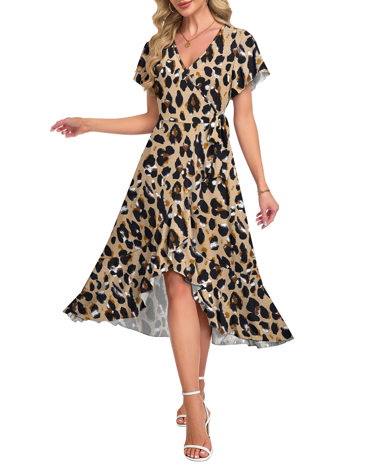 AUSELILY Women Summer Midi Dresses Wrap Short Flutter Sleeve Elegant Dress