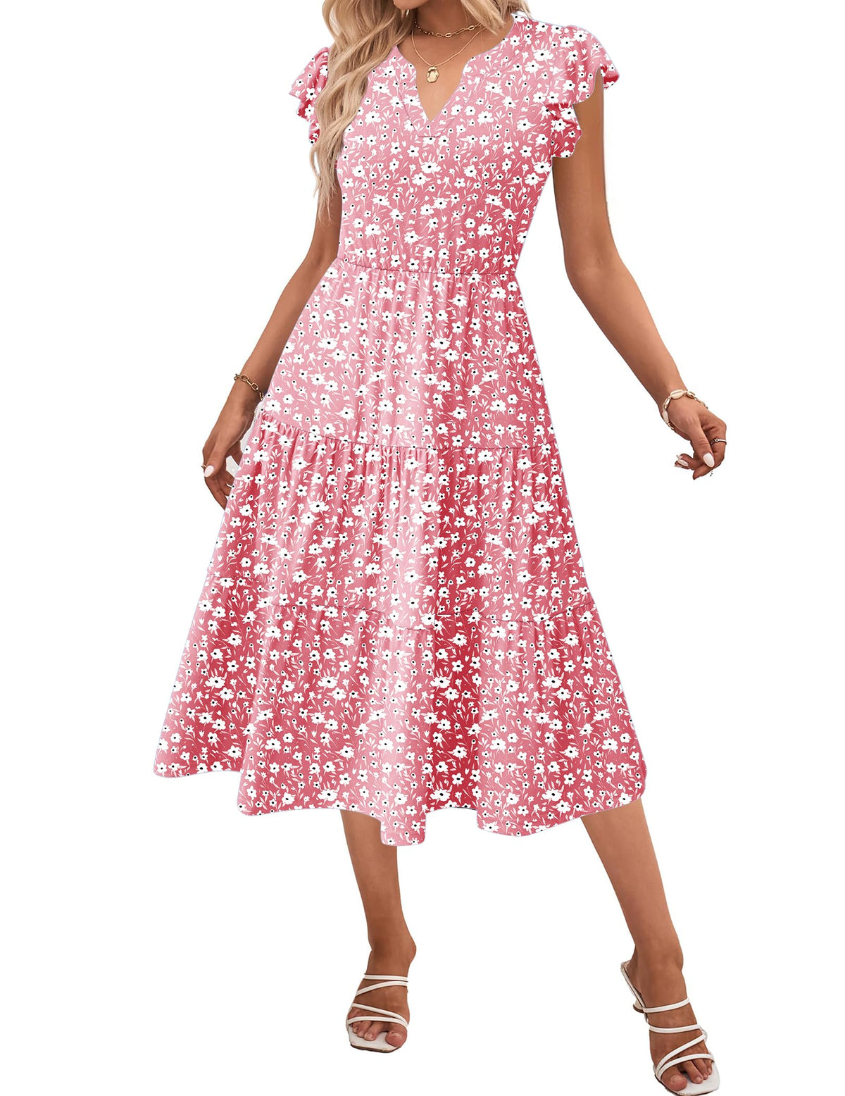 ZEAGOO Womens Summer Casual Dresses Ruffle Sleeve V Neck Midi Dress Flowy Tiered Dress with Pockets Boho Sundresses