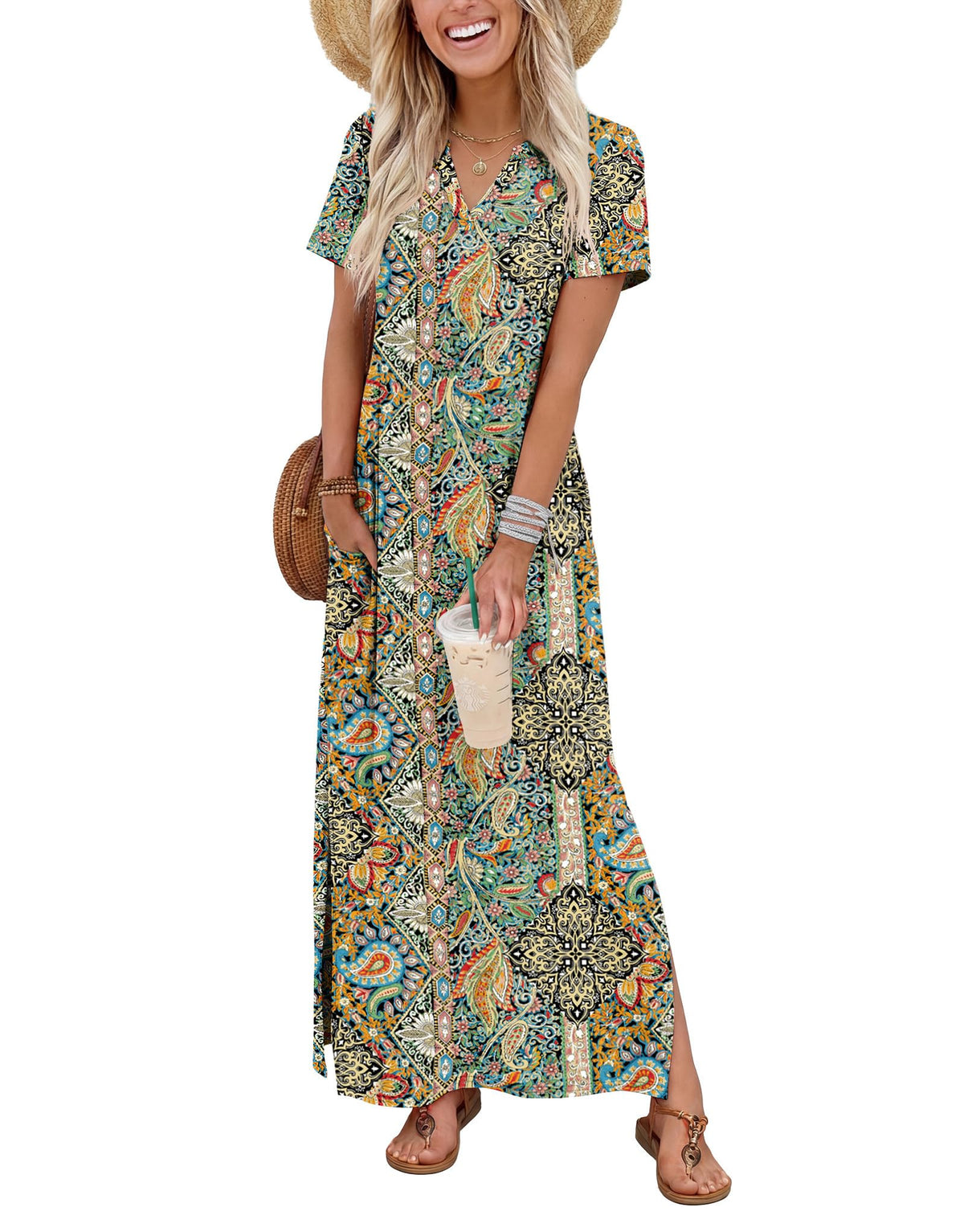 OFEEFAN Summer Dresses for Women 2026 Maxi Dress Short Sleeve Sundresses with Pockets Beach Vacation Spring Outfits