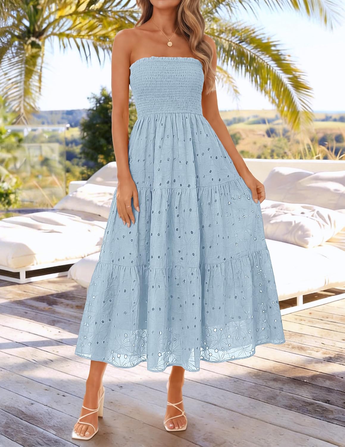 ZESICA Womens 2026 Summer Boho Strapless Smocked Midi Dresses