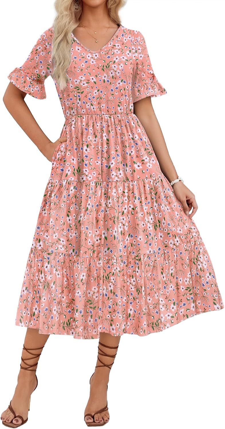 ZEAGOO Women's Summer Dresses Midi Tiered Casual Dress Floral V Neck Ruffle Short Sleeve Flowy Beach Dress with Pockets