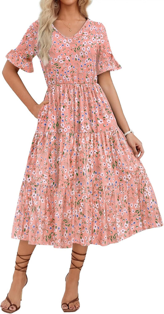 ZEAGOO Women's Summer Dresses Midi Tiered Casual Dress Floral V Neck Ruffle Short Sleeve Flowy Beach Dress with Pockets